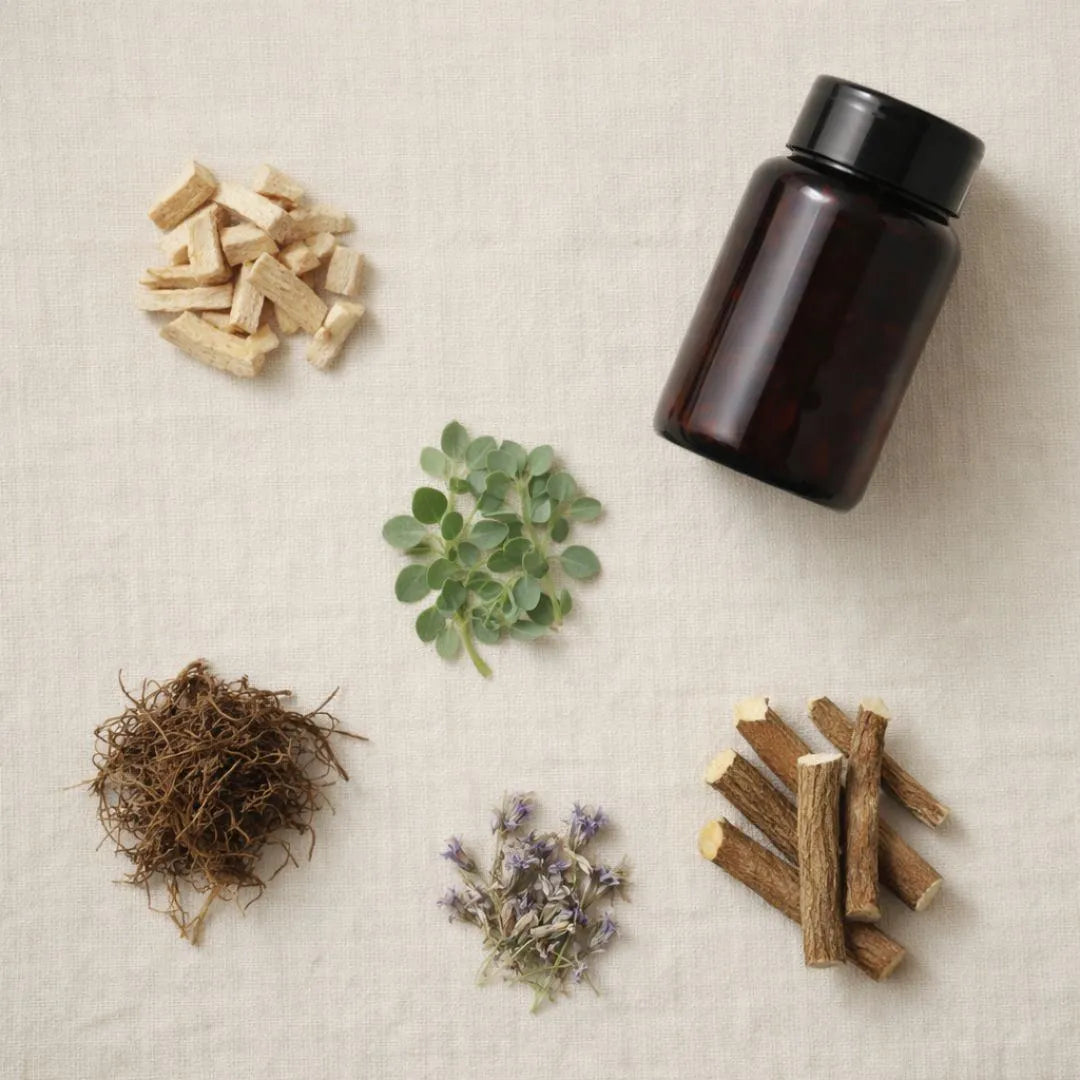 An Indian Sages bottle with the whole herbs that go into its formula.