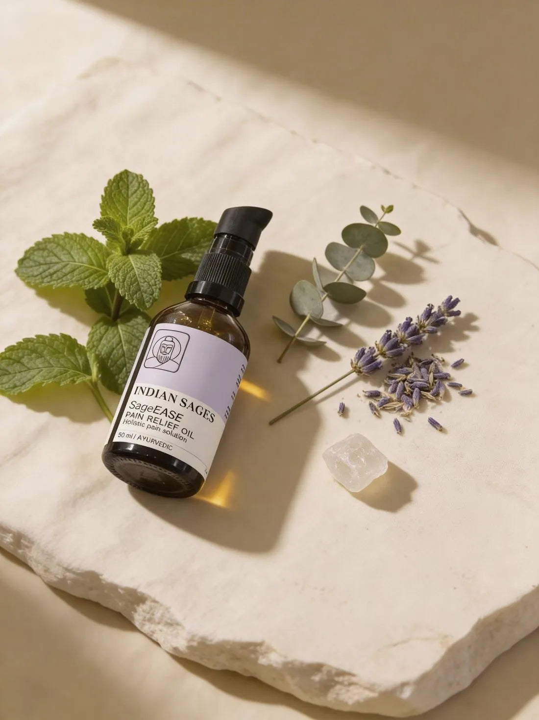 The SageEASE bottle on a pale stone slab with sprigs of mint, eucalyptus and lavender.