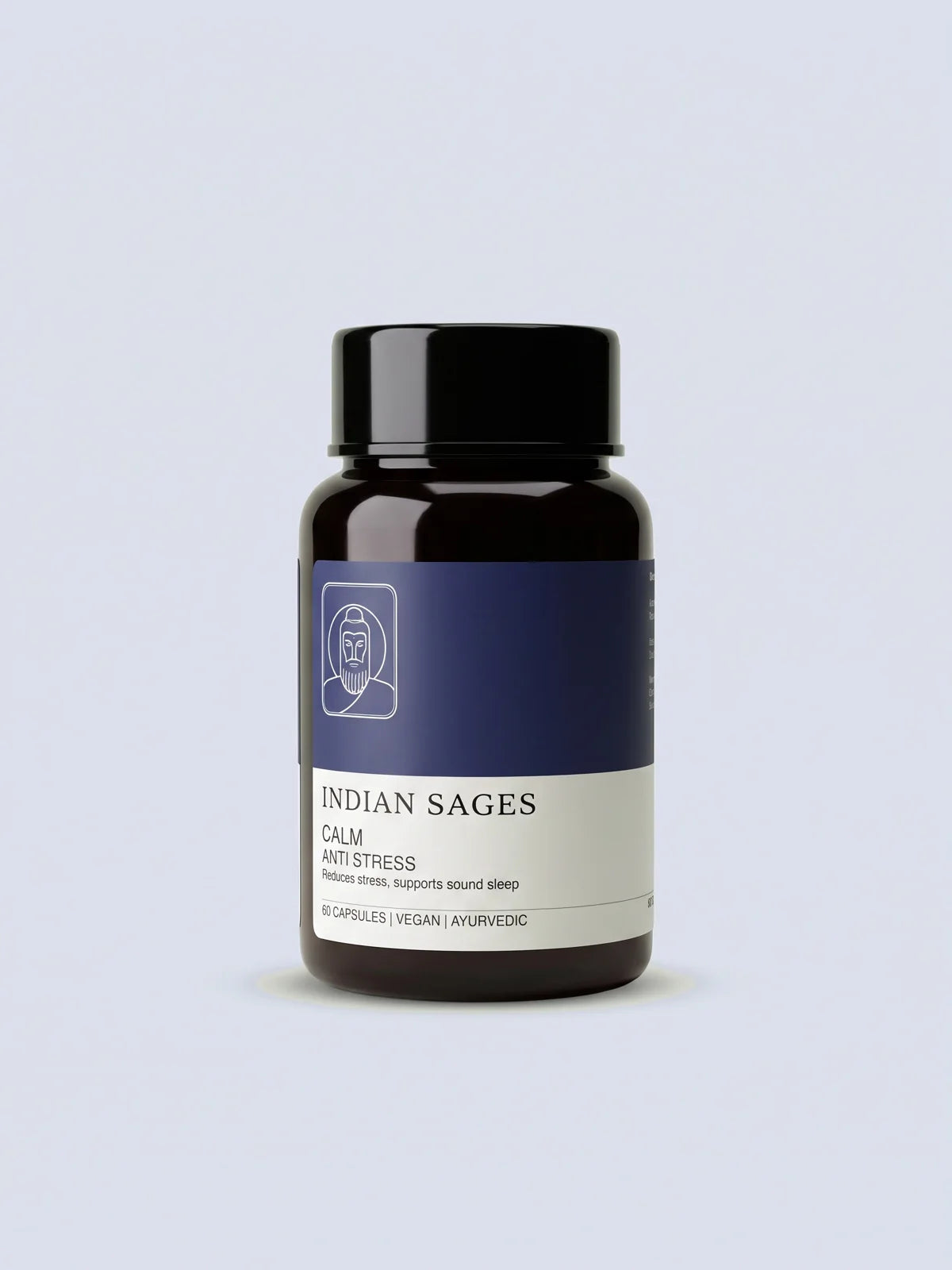 CALM Anti-Stress Capsules, a dark bottle with a blue label.
