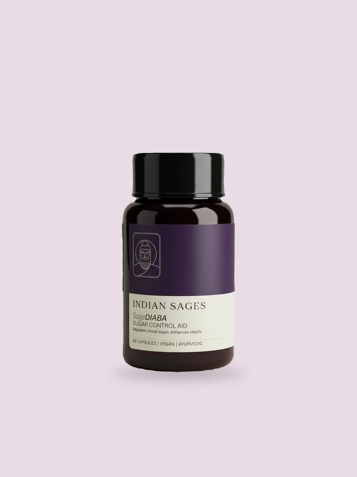 SageDIABA capsules, a bottle with a deep violet label.