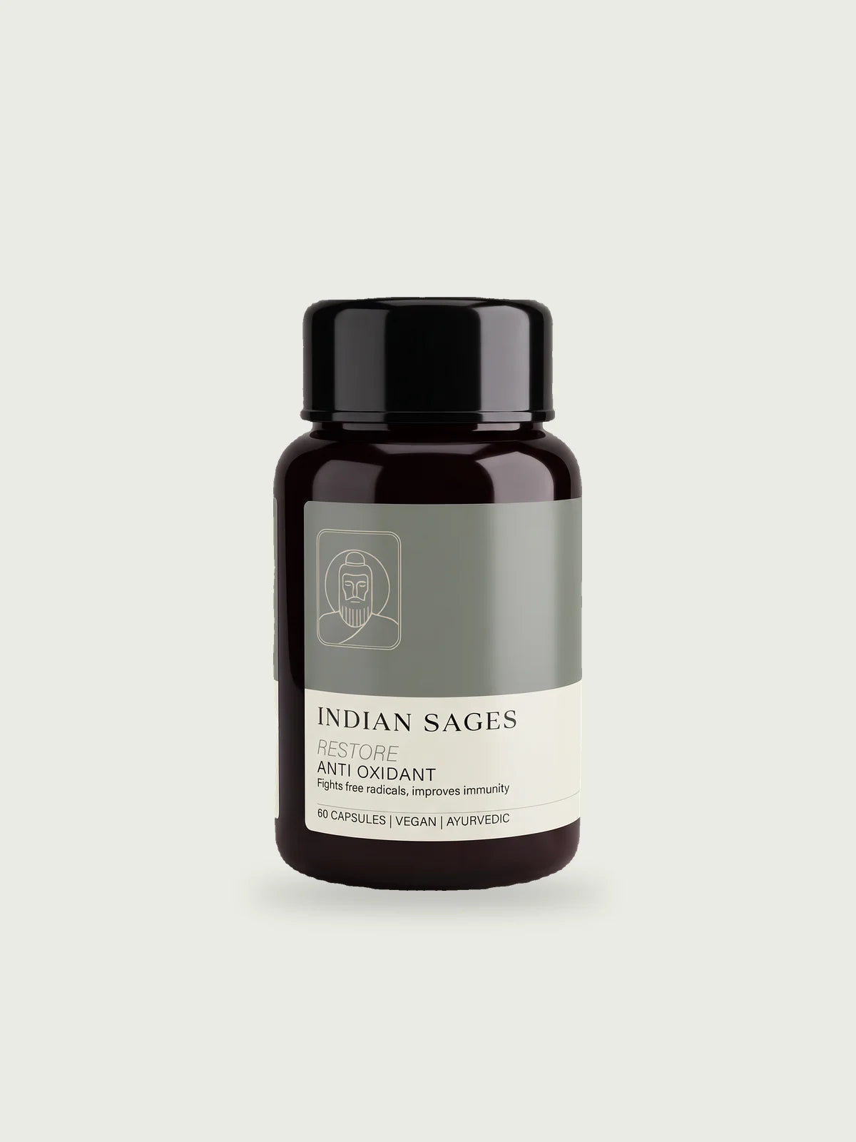 RESTORE Anti-Oxidant Capsules: a dark bottle with a teal label, 60 vegan capsules.