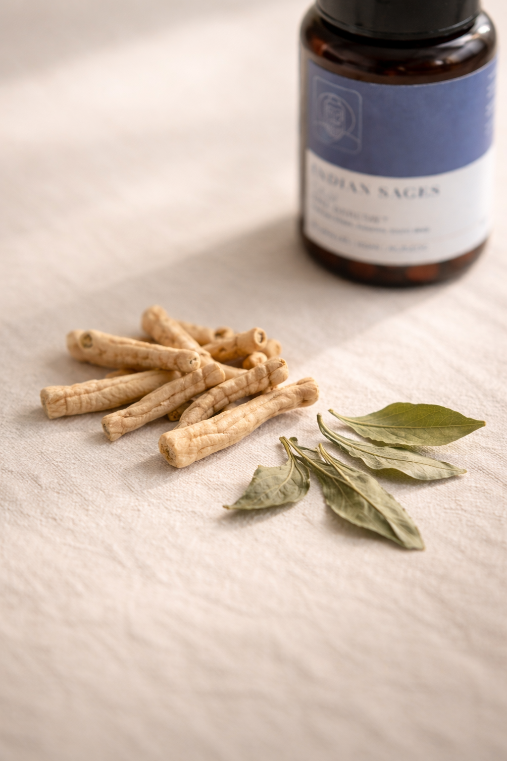 Ashwagandha and dried leaves on a textured surface with a bottle labeled 'Indian Sages' in the background.