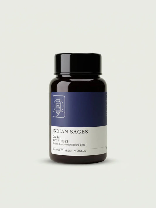 CALM Anti-Stress Capsules: a dark bottle with an indigo label, 60 vegan capsules
