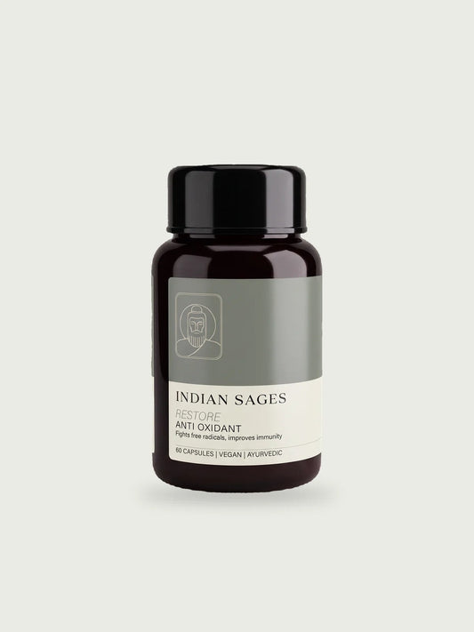 RESTORE Antioxidant Capsules: a dark bottle with a teal label, 60 vegan capsules