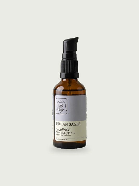 SageEASE Pain Relief Oil: a 50 ml amber bottle with a black pump and a lilac label