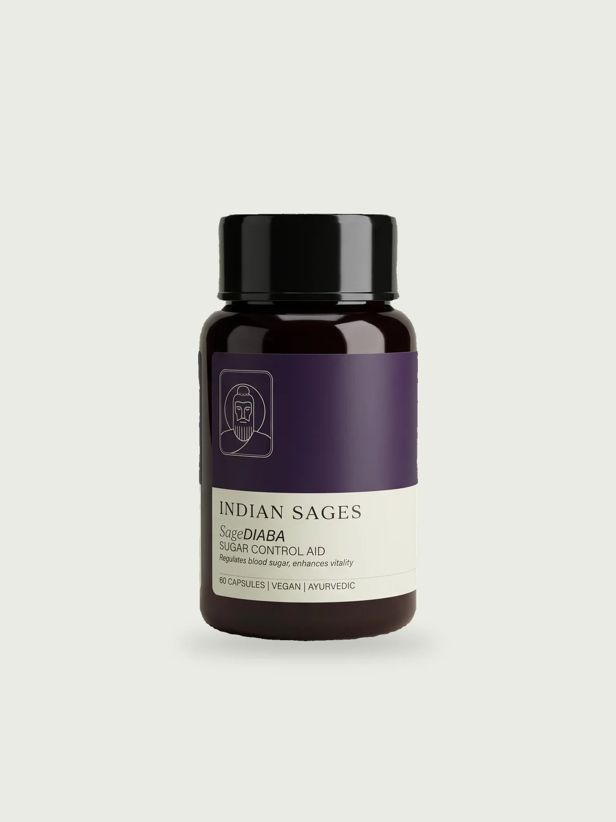 SageDIABA Pre-Diabetes Capsules: a dark bottle with a deep violet label, 60 vegan capsules.